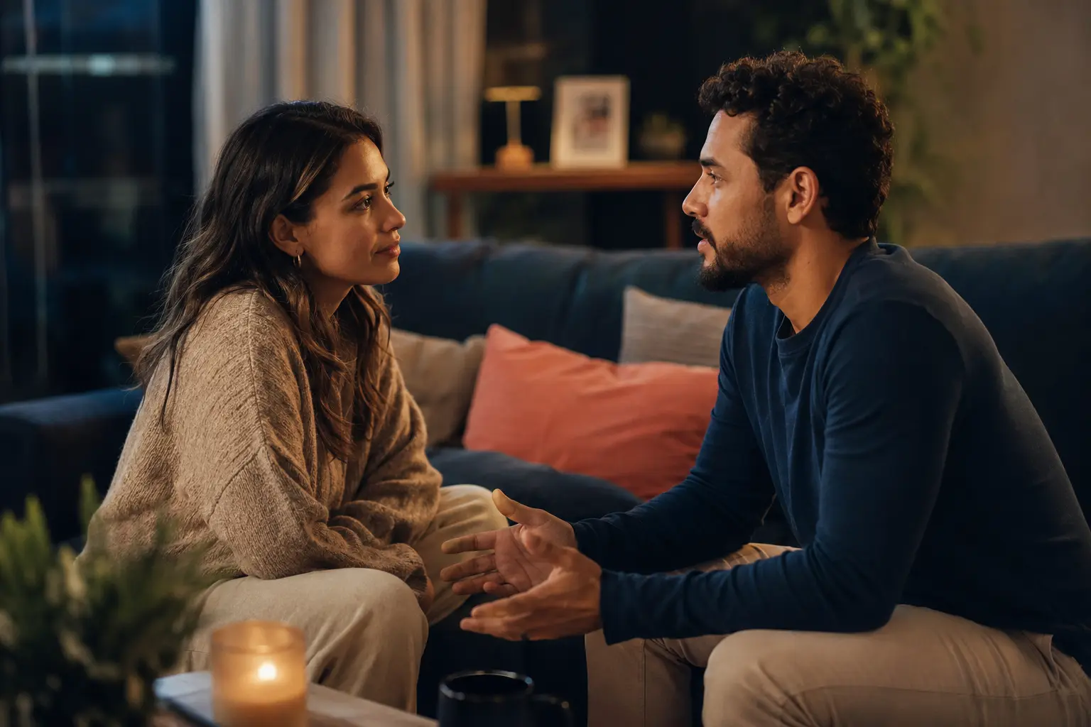 Casal conversa com calma e atenção em uma sala