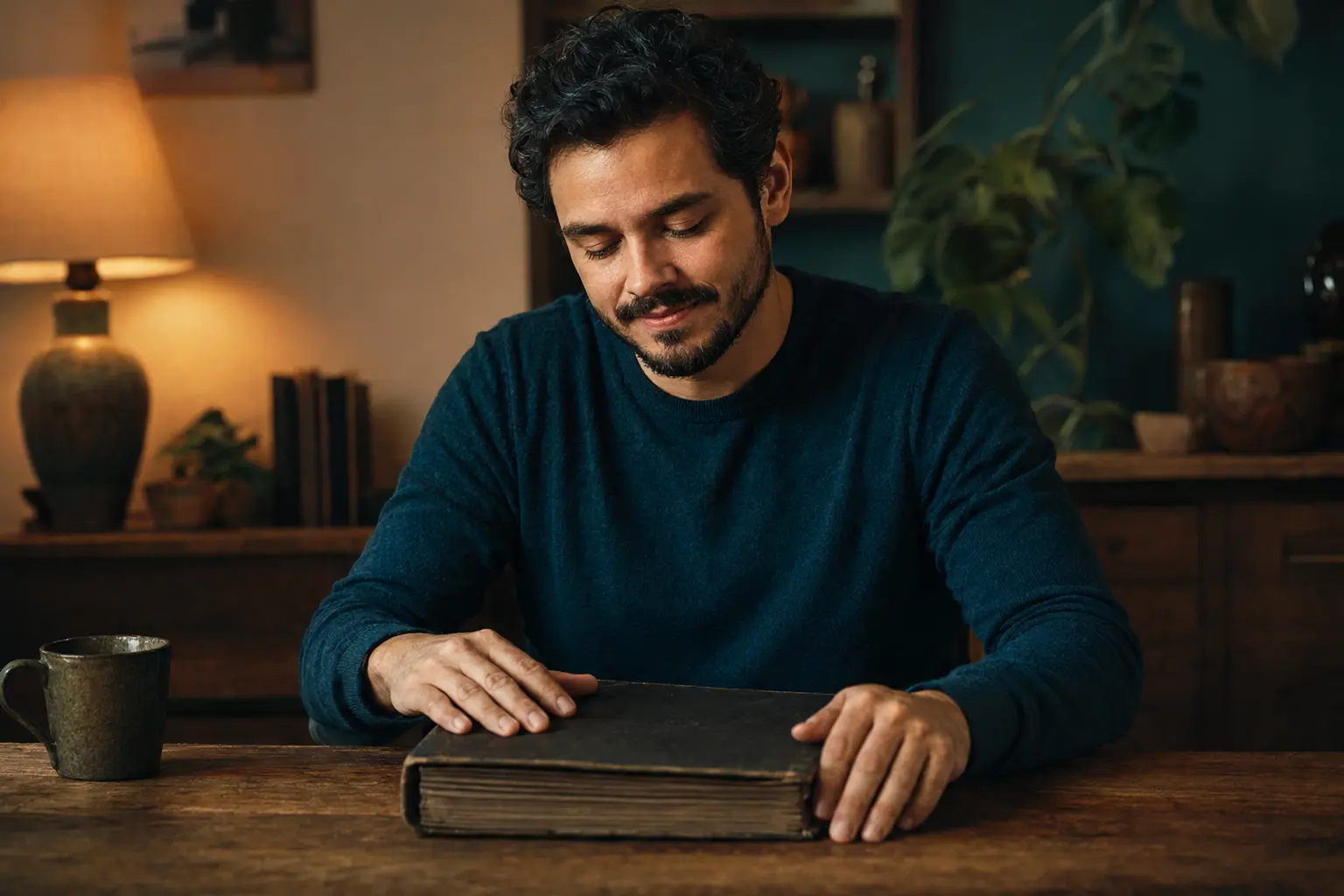 Homem fecha um álbum antigo com expressão serena