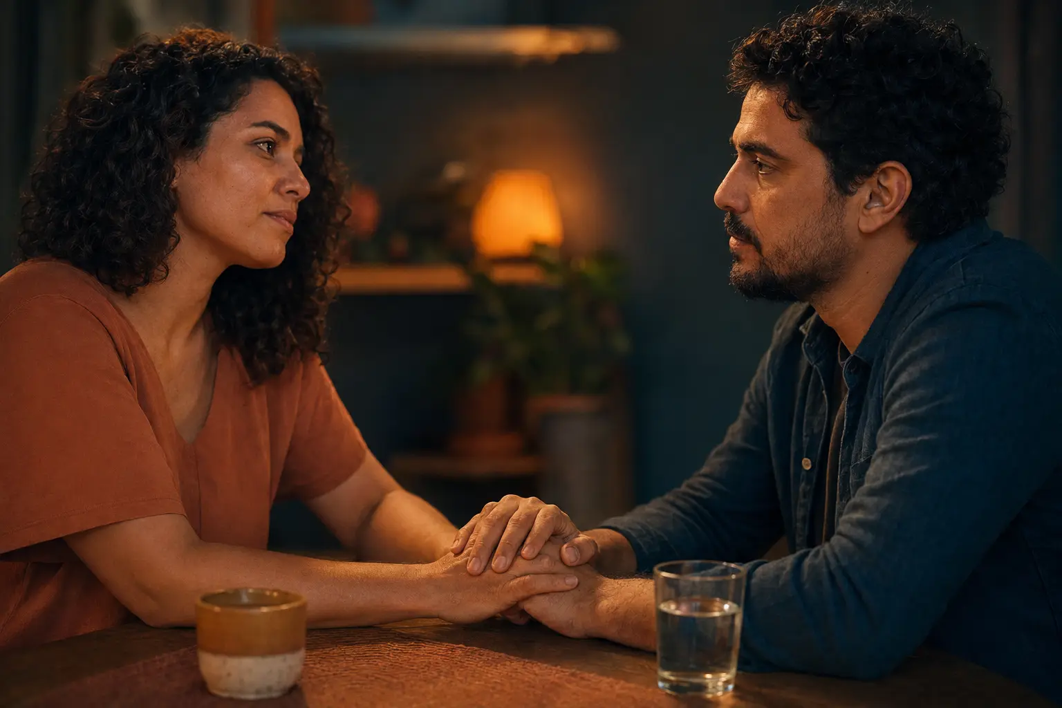 Casal aproxima as mãos durante uma conversa cuidadosa
