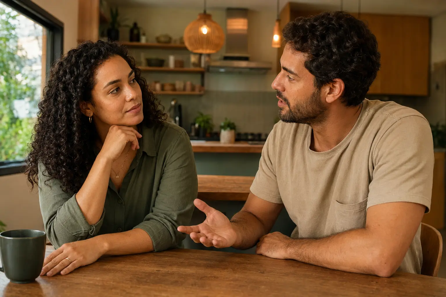 Casal se comunica com calma à mesa da cozinha